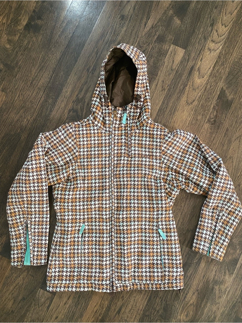 Burton Kids Brown Houndstooth Hooded Raincoat with Mint Accents